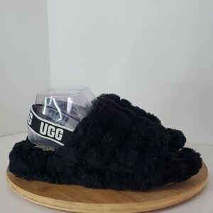 UGG Fluff Yeah Black Fuzzy Slide Sandals with Logo Strap Size 10